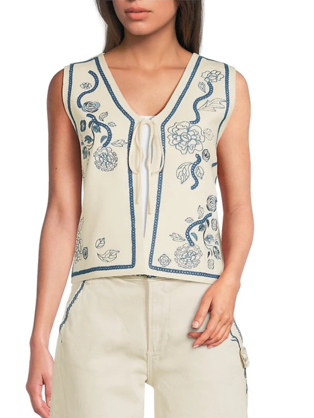 Driftwood Cream Sleeveless Embroidered Tie-Front Top with Blue Floral Trim